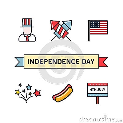 4th July. Patriotic icons. Independence Day of America. Vector icons set. Collection of flat design elements isolated on Vector Illustration