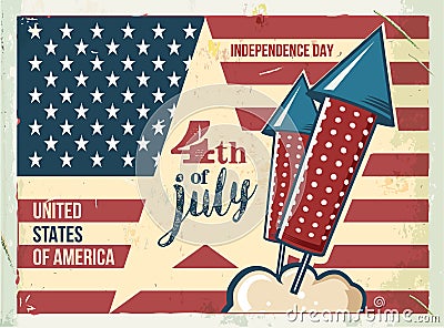 4th of July poster. Grunge retro metal sign with fireworks. Independence day. Celebration flyer. Vintage mockup. Old Vector Illustration