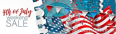 4th of July sale header or banner. Independence Day holiday. United States of America national symbolics. Waving flag and bunting. Vector Illustration