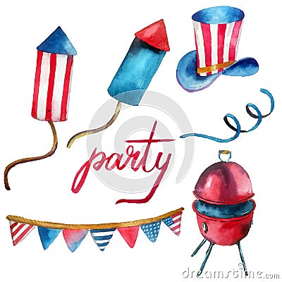 4th of july set of elements. Patriotic american holiday watercolor fabric texture in red and blue colors. Independence day of Ame Cartoon Illustration
