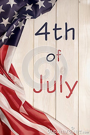 4th of July, the US Independence Day, light wooden banner, American flag Stock Photo