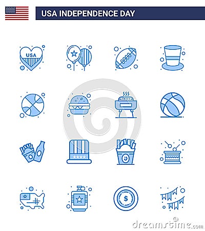 4th July USA Happy Independence Day Icon Symbols Group of 16 Modern Blues of ball; magic hat; ball; hat; american Vector Illustration