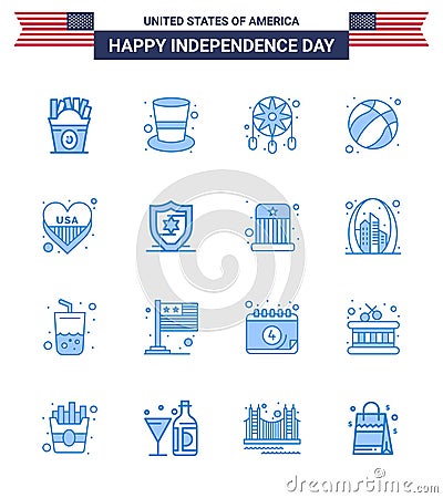 4th July USA Happy Independence Day Icon Symbols Group of 16 Modern Blues of heart; usa; adornment; football; american Vector Illustration