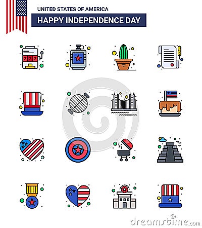 4th July USA Happy Independence Day Icon Symbols Group of 16 Modern Flat Filled Lines of hat; day; liquid; receipt; pot Vector Illustration