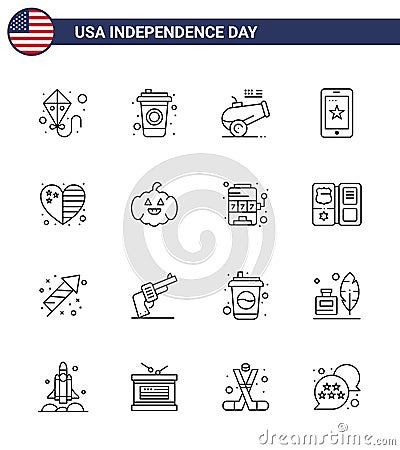 4th July USA Happy Independence Day Icon Symbols Group of 16 Modern Lines of usa; country; howitzer; heart; cell Vector Illustration