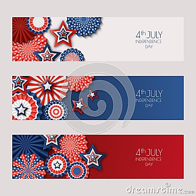 4th of July, USA Independence Day banners with paper stars in USA flag colors. Holiday backgrounds set. Vector Illustration