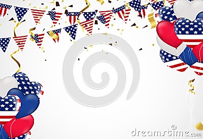 4th of july usa independence day, vector template with american flag and colored balloons on blue shining starry background. Vector Illustration