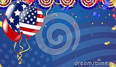 4th of july usa independence day, vector template with american flag and colored balloons on blue shining starry background. Vector Illustration