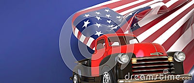 4th of July, vintage truck Firework for Independence Day and American flag for Memorial. United States flags on blue Background Stock Photo