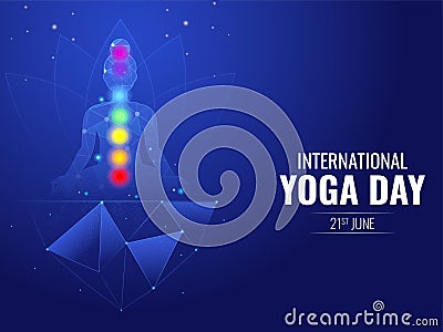 21th June, International Yoga Day Concept With Female Meditating And 7 Body Chakras Symbols In Polygon Effect On Blue Shiny Stock Photo