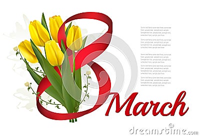 8th March illustration. Holiday yellow flowers background with yellow tulips and red ribbon Vector Illustration