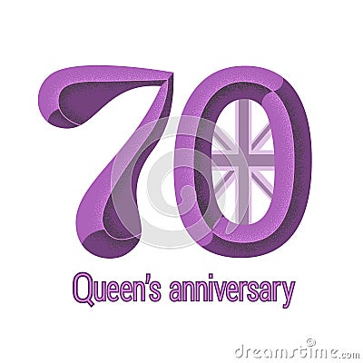 70th Queens anniversary text card. Beveled font numbers for platinum jubilee. Royal holiday Vector Illustration