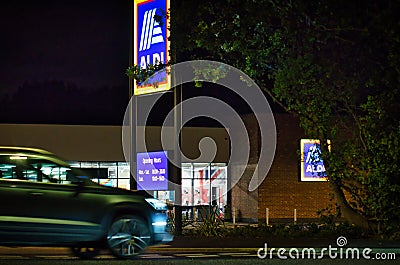26th of September - Aldi supermarket at night time, ready for the grand opening on 28th of September 2023 in Flitwick, Bedford, Editorial Stock Photo