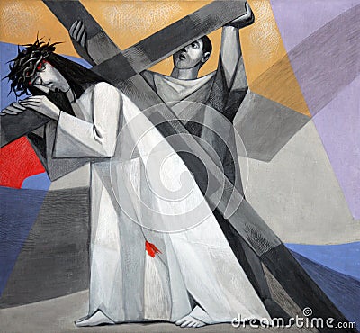 5th Stations of the Cross, Simon of Cyrene carries the cross Editorial Stock Photo