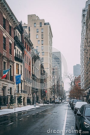 69th Street in the snow, on the Upper East Side, Manhattan, New York City Editorial Stock Photo