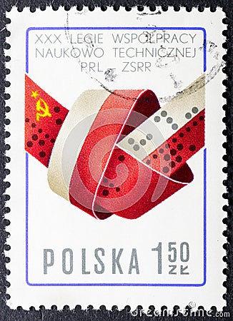 30th summer of scientific and technical cooperation, poland an soviet union flags Editorial Stock Photo