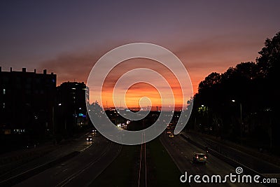 Bogota Sunset at 100th avenue with 9th avenue and railroad Editorial Stock Photo