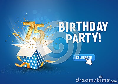 75 th years anniversary banner with open burst gift box. Template seventy five birthday celebration and abstract text on blue Stock Photo