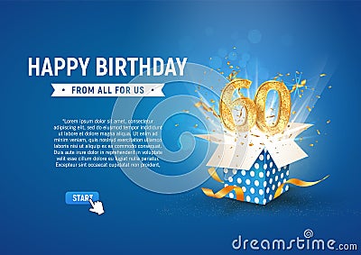 60 th years anniversary banner with open burst gift box. Template sixtieth birthday celebration and abstract text on blue Cartoon Illustration