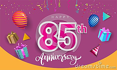 85th Years Anniversary Celebration Design, with gift box and balloons, ribbon, Colorful Vector template elements for your birthday Vector Illustration