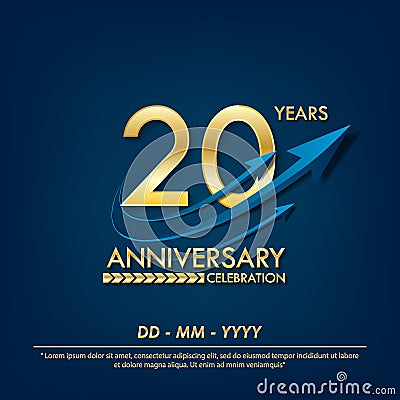 20th years anniversary celebration emblem. anniversary elegance golden logo with blue arrow ribbons on blue background. vector Vector Illustration