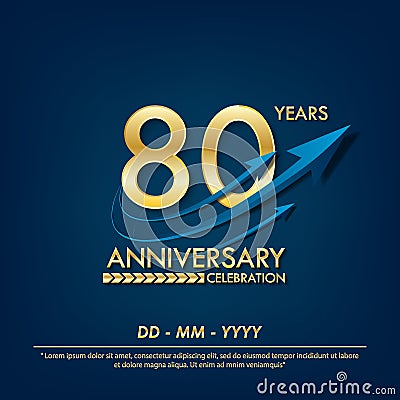 80th years anniversary celebration emblem. anniversary elegance golden logo with blue arrow ribbons on blue background. vector Cartoon Illustration