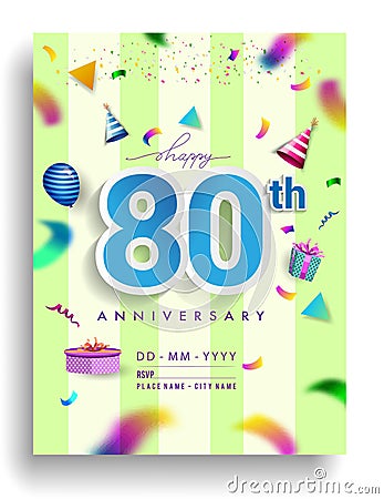 80th Years Anniversary invitation Design, with gift box and balloons, ribbon, Colorful Vector template elements for birthday Vector Illustration