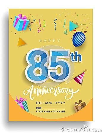 85th Years Anniversary invitation Design, with gift box and balloons, ribbon, Colorful Vector template elements for birthday Vector Illustration