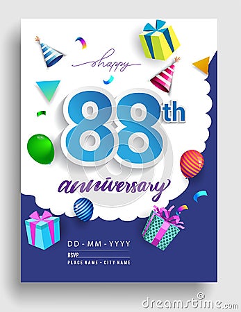 88th Years Anniversary invitation Design, with gift box and balloons, ribbon, Colorful Vector template elements for birthday Vector Illustration