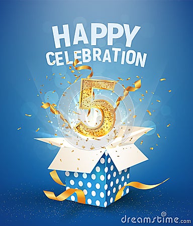 5 th years anniversary and open gift box with explosions confetti. Template five birthday celebration on blue background vector Stock Photo