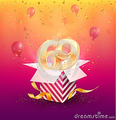 69th years anniversary vector design element. Isolated sixty-nine years jubilee with gift box, balloons and confetti on Vector Illustration