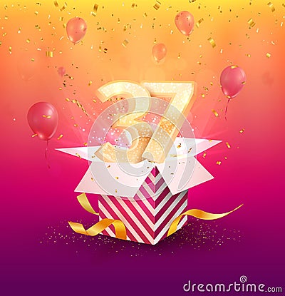 37 th years anniversary vector design element. Isolated Thirty seven years jubilee with gift box, balloons and confetti Vector Illustration