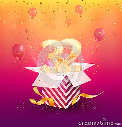 32 th years anniversary vector design element. Isolated Thirty two years jubilee with gift box, balloons and confetti on Vector Illustration