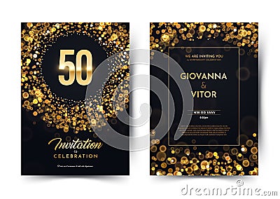 50th years birthday vector black paper luxury invitation double card. Fifty years wedding anniversary celebration Vector Illustration