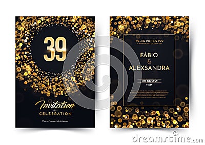 39th years birthday vector black paper luxury invitation double card. Thirty nine years wedding anniversary celebration Vector Illustration