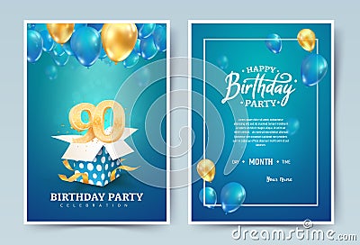 90th years birthday vector invitation double card. Ninety years wedding anniversary celebration brochure. Template of Vector Illustration