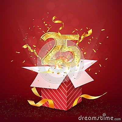 25 th years number anniversary and open gift box with explosions confetti isolated design element. Template twenty five birthday Stock Photo