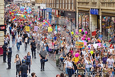 15th Zagreb pride. LGBTIQ activists on Illica street heading to main square. Editorial Stock Photo
