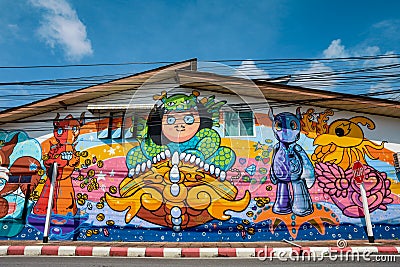 Street Art in all area of Tha Sala district on Graffiti Project Editorial Stock Photo