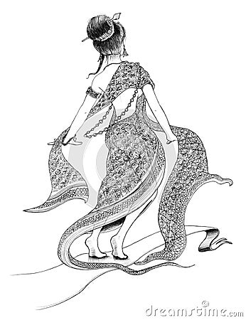 Thai art of woman costume textile design contemporary Cartoon Illustration