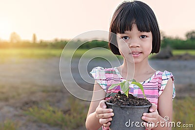 Thai Asian kid girl,age 4 to 6 years old, looks cute, holding a potted plant. standing outside outdoors to be planted for the Stock Photo