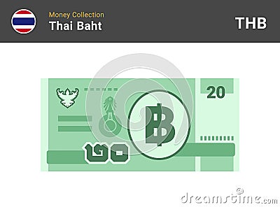 Thai baht banknone. Paper money 20 THB. Vector Illustration