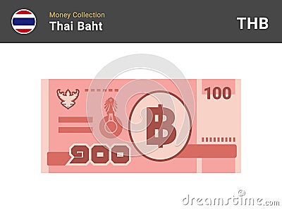 Thai baht banknone. Paper money 100 THB. Vector Illustration