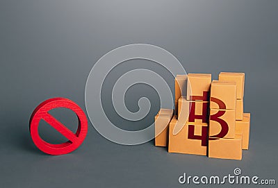 Thai baht goods boxes and prohibition symbol NO. Ban on import goods. Impossibility of transportation, oversupply. Sanctions and Stock Photo