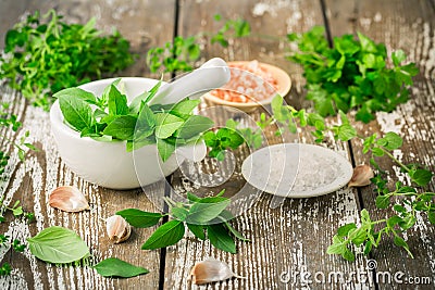 Thai basil and spicy herbs with Himalayan salt for healthy cooking Stock Photo