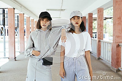 Thai bestfriend girl with coolest posture Stock Photo