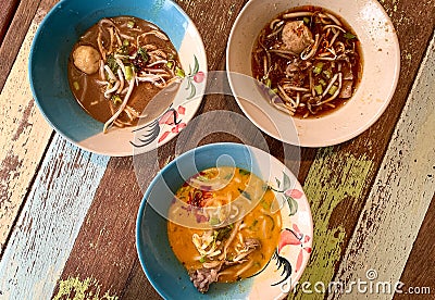 Thai boat noodles in small bowls Stock Photo