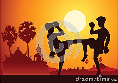 Thai Boxing Muay Thai martial art famous sport,two boxer fight t Vector Illustration