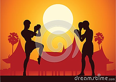 Thai Boxing Muay Thai martial art famous sport,two boxer fight t Vector Illustration