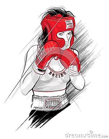Thai boxing, woman fighting Vector Illustration